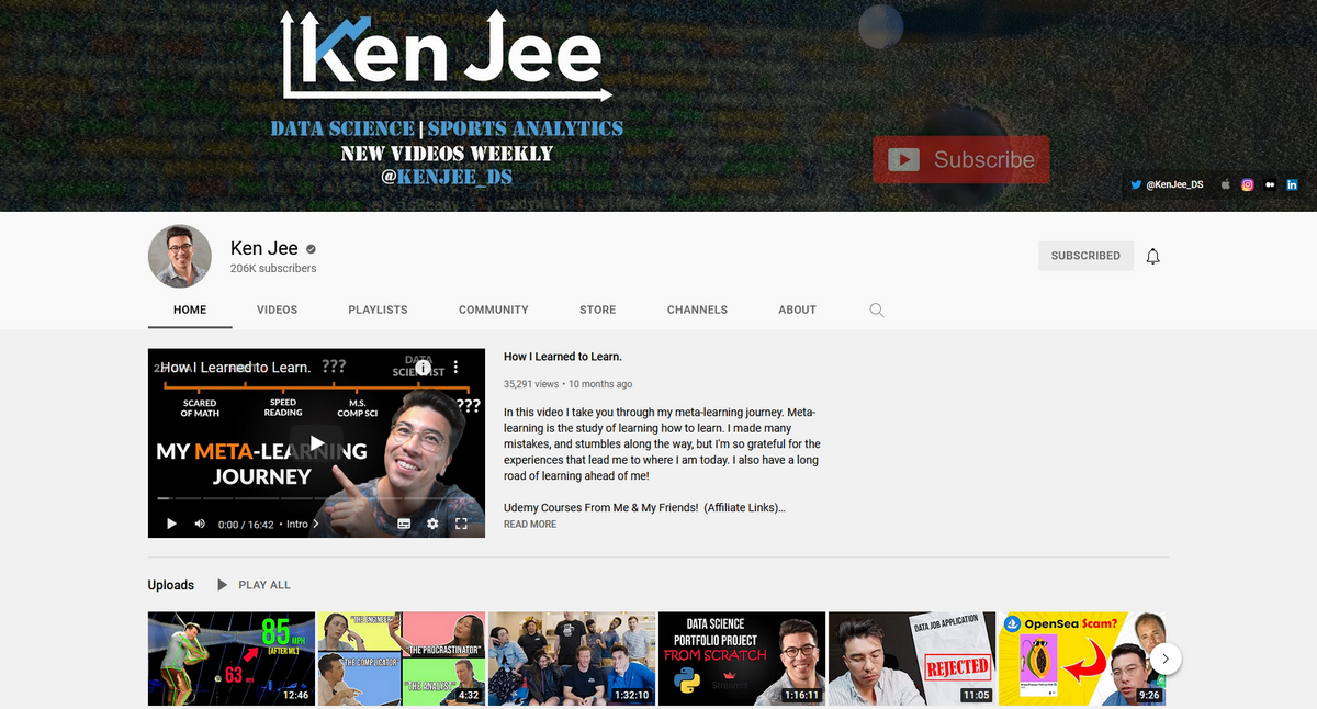 Ken Jee Youtube channel analytics