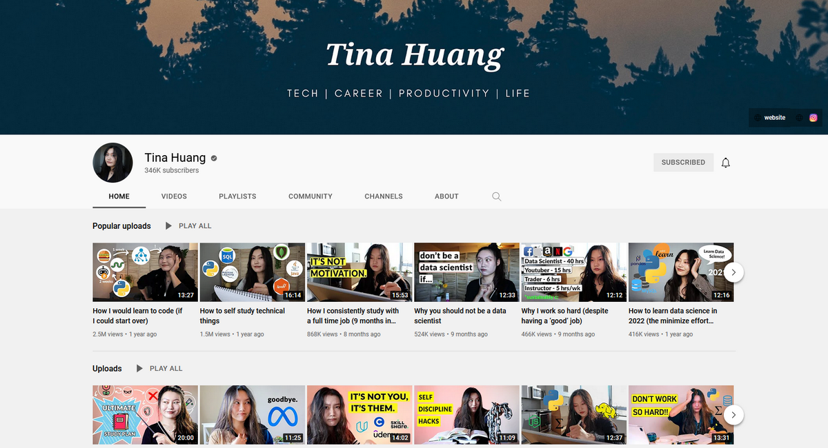 Tina Huang Youtube channel analytics